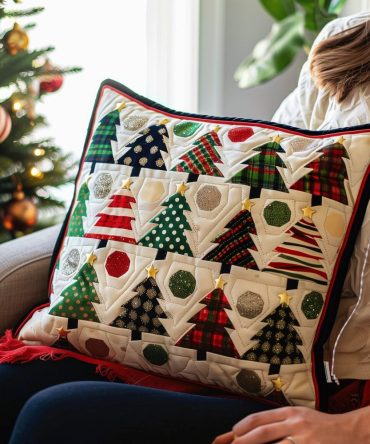 Jolly Pines Quilted Holiday Pillow Cover - Cheerful Christmas Throw Pillowcase For Sofa, Armchair & Bed , Soft Textured Seasonal Accent