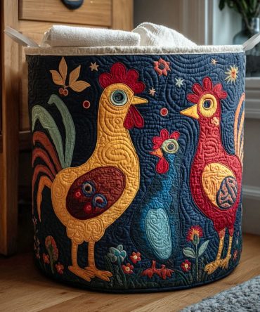 Jolly Roosters Quilted Laundry Hamper — Cheerful Patterned Fabric Basket With Strong Handles, Collapsible & Easy-Care