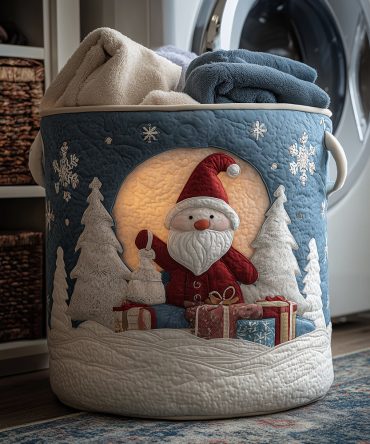 Jolly Santa Quilted Laundry Hamper — Festive Santa Print Fabric Basket, Collapsible Holiday Organizer With Carry Handles