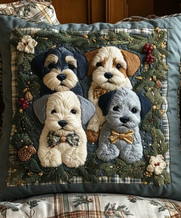 Jolly Schnauzer Quilted Throw Pillow Cover — Playful Schnauzer Decorative Pillow Case For Holiday Cheer, Living Room & Dog-Lover Gifts
