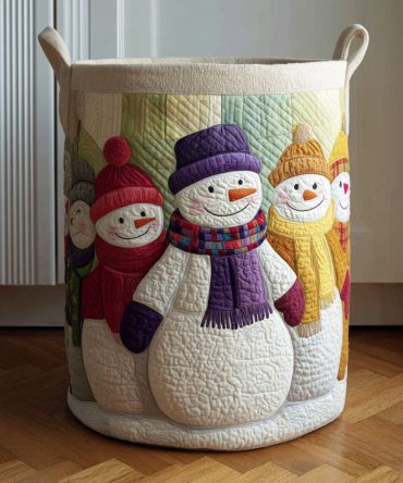 Jolly Snowman Family Quilted Laundry Hamper — Cute Collapsible Fabric Basket For Kids, Holiday And Everyday Storage