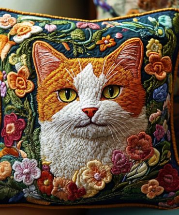Vibrant Quilted Cat Pillow Cover With Joyful Illustration, Soft Cotton Blend, Decorative Throw Pillowcase For Sofa, Bed & Nursery