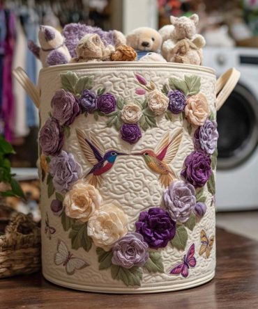 Quilted Hummingbird Laundry Hamper - Foldable Large Capacity Organizer With Reinforced Handles, Durable Cotton Blend