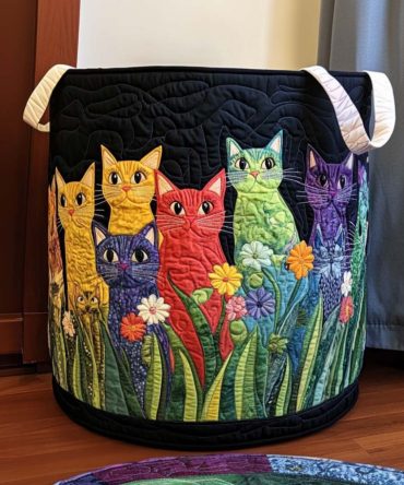 Joyful Kitten Quilted Hamper – Playful Collapsible Laundry Basket With Handles, Soft Fabric Organizer For Kids' Rooms & Gifts