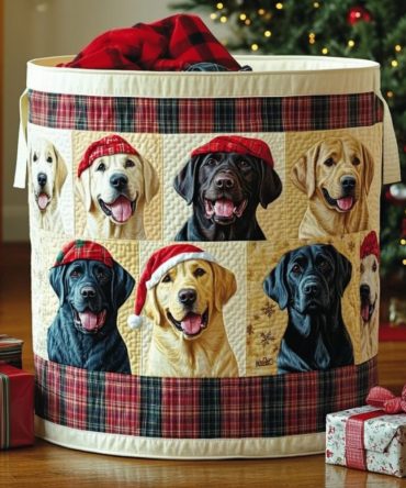 Joyful Retriever Quilted Laundry Hamper — Cheerful Dog Print Foldable Laundry Basket, Durable Decorative Storage For Home