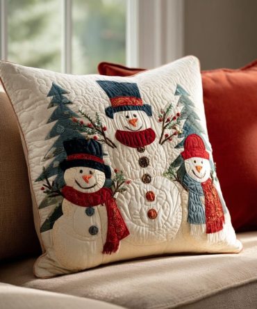 Festive Quilted Snowman Throw Pillow Cover — Christmas Decorative Accent For Sofa, Bed & Living Room Holiday Décor