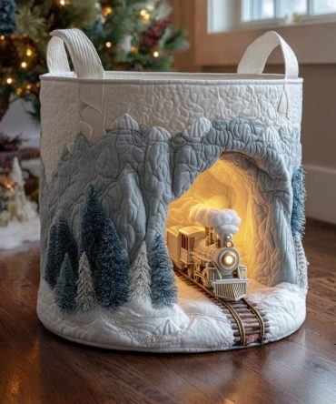 Joyful Train Ride Quilted Laundry Basket — Cute Holiday-Themed Foldable Hamper, Large Capacity Soft Quilted Storage Bin With Handles