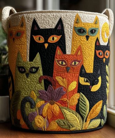 Jubilee Cats Quilted Laundry Hamper — Chic Cat Print Quilted Laundry Basket, Foldable Home Organizer With Reinforced Handles