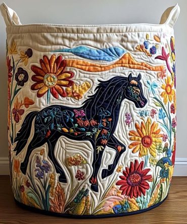 Jumping Stallion Quilted Laundry Basket — Dynamic Horse Design Foldable Hamper, Large Quilted Storage Bin With Comfortable Handles