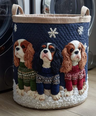 King Charles Sweater Quilted Laundry Hamper — Regal Dog Pattern Foldable Storage Basket, Collapsible & Durable For Home Decor