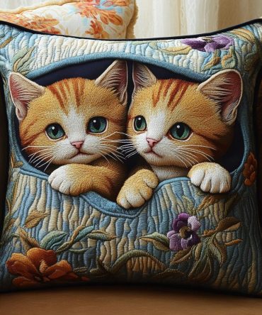 Kitten Bliss Quilted Pillow Cover — Charming Cat Decorative Throw Pillowcase, Plush Quilting, Soft Cotton, Machine Washable