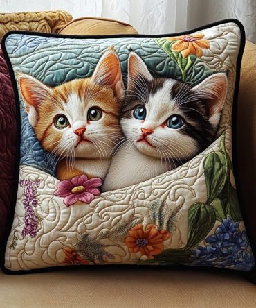 Kitten Snuggle Quilted Pillowcase - Sweet Snuggling Kittens Print, Quilted Soft Cushion Cover For Nurseries & Lounges