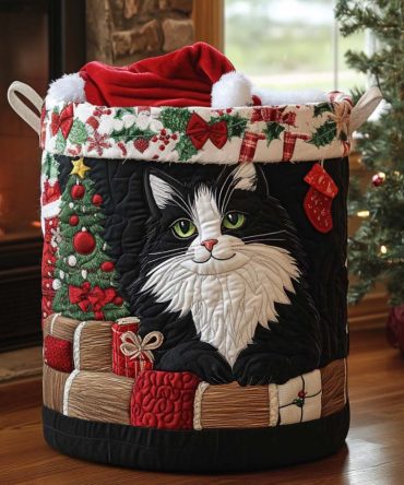 Kitten Under Tree Quilted Laundry Hamper — Whimsical Holiday Kitten Print, Foldable Quilted Fabric Basket With Handles For Seasonal & Everyday Use