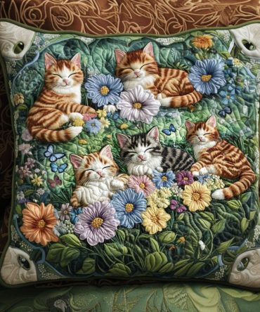 Kittens & Blooms Quilted Throw Pillow Cover — Cute Floral Cat Accent, Soft Decorative Pillowcase For Nursery, Kids Room, Giftable Home Decor
