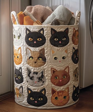 Charming Kitty-Print Quilted Laundry Hamper - Spacious Foldable Cat Design Fabric Laundry Basket, Durable & Washable