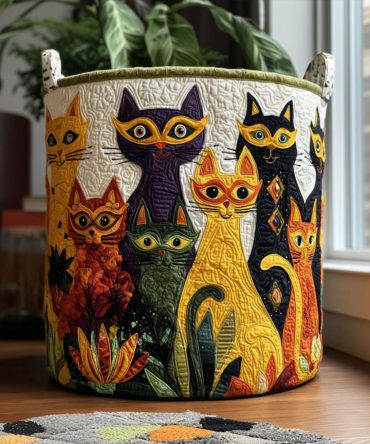 Krewe Cats Quilted Fabric Laundry Hamper — Festive Krewe-Themed Washable Clothes Basket With Handles, Foldable Decorative Storage For Home