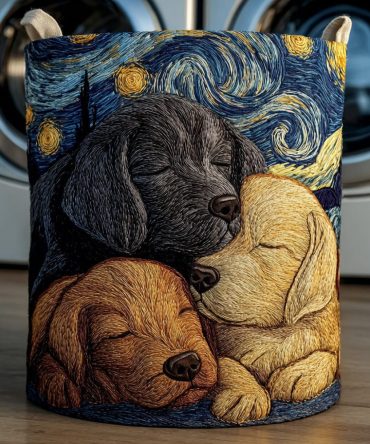 Starry Snuggle Labrador Quilted Laundry Hamper — Night Sky Dog Print Fabric Basket, Large Foldable Hamper With Handles For Cozy Homes