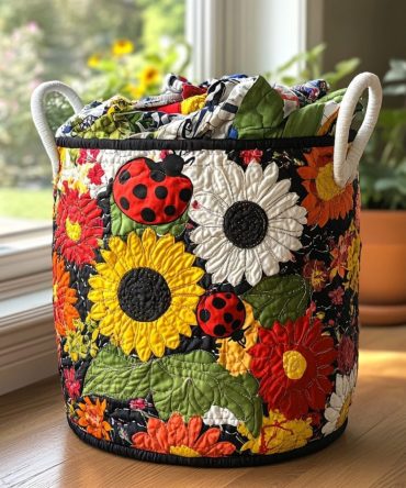 Ladybug Blooms Quilted Laundry Hamper — Charming Foldable Ladybug & Floral Laundry Basket With Handles For Kids & Cottage Decor