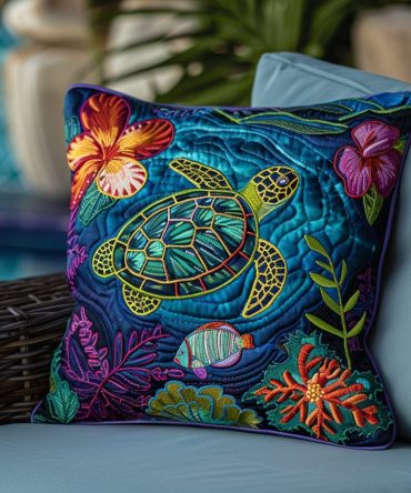 Lagoon Friends Quilted Pillow Cover — Tranquil Sea Creatures Throw Pillowcase For Coastal Living Room & Patio , Soft, Durable Fabric