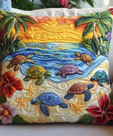 Lagoon Turtle Trail Quilted Pillow Case — Serene Lagoon Sea Turtle Print Decorative Cover, Cotton-Blend, Hypoallergenic & Machine-Washable
