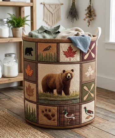 Lakeside Moose Quilted Laundry Basket — Scenic Moose Print Storage Hamper, Large Washable Cotton Quilt, Collapsible Rustic Organizer For Home
