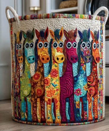 Laughing Horses Quilted Laundry Hamper — Playful Equestrian Decorative Collapsible Basket With Reinforced Handles For Kids & Home