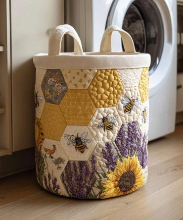 Lavender Bee Quilted Fabric Laundry Hamper — Floral Bee Print Foldable Laundry Basket With Handles, Soft Quilted Storage For Closet & Nursery
