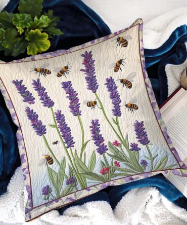 Lavender Bees Dance Quilted Decorative Pillow Cover – Charming Floral & Bee Motif Cushion Case For Cottagecore & Bedroom Styling (Soft, Washable)