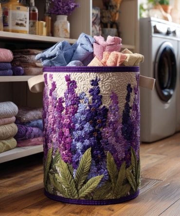 Lavender Dream Quilted Laundry Hamper — Floral Lavender Fabric Basket With Collapsible Design, Soft Quilting & Removable Washable Liner