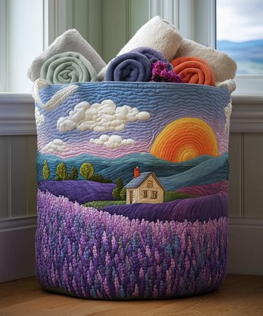 Lavender Field Quilted Laundry Hamper - Floral Fabric Laundry Basket With Sturdy Handles, Foldable & Machine Friendly
