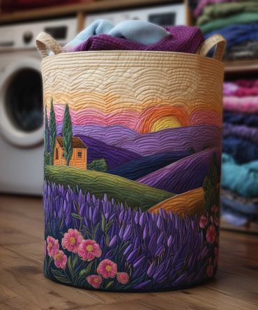 Lavender Valley Quilted Laundry Hamper , Large Foldable Basket With Soft Quilting, Reinforced Handles & Calming Floral Design For Home & Gifts