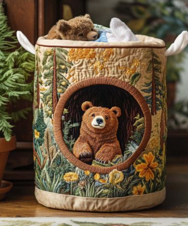Lazy Bear Afternoon Quilted Laundry Hamper — Whimsical Animal Print Fabric Basket With Handles, Foldable Hamper For Kids & Families