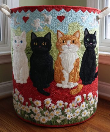 Cozy Quilted Lazy Cat Laundry Hamper — Spacious Foldable Basket With Reinforced Handles For Easy Carry & Stylish Home Storage