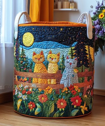 Casual Quilted Laundry Hamper — Lazy Cat Motif, Foldable Fabric Bin With Padded Quilting, Sturdy Handles & Space-Saving Design
