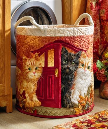 Sunny Cat Quilted Laundry Hamper — Large Foldable Washable Laundry Basket With Cute Cat Print, Durable Cotton-Padded Storage For Home