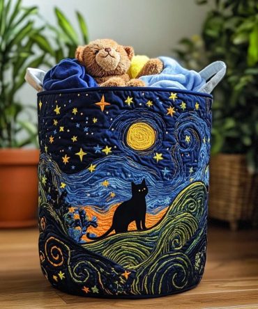 Lazy Whiskers Quilted Laundry Hamper — Relaxed Cat Print Foldable Laundry Basket With Handles, Stylish Soft-Structured Home Organizer