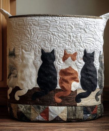 Lazy Whiskers Quilted Laundry Hamper — Relaxed Cat Motif Fabric Bin With Handles, Foldable Storage For Stylish & Functional Rooms