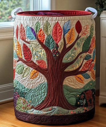 Leaf Circle Quilted Laundry Hamper - Modern Botanical Foldable Fabric Basket With Handles, Soft Quilting For Gentle Garment Storage & Room Decor