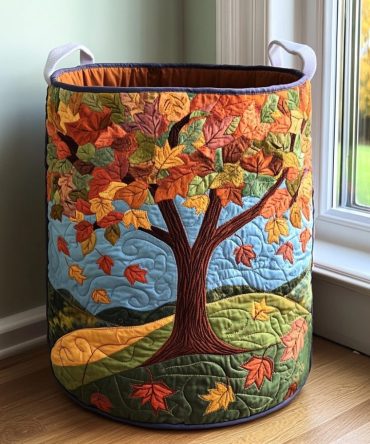 Leaf Harmony Quilted Laundry Hamper — Botanical Leaf Print Fabric Basket, Collapsible Laundry Storage With Sturdy Handles