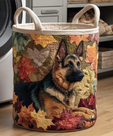 Leaf Pile German Shepherd Quilted Laundry Hamper — Dog Print Foldable Laundry Basket, Heavy-Duty Canine-Themed Home Organizer