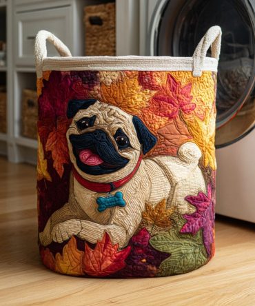 Leaf Pile Pug Quilted Laundry Hamper — Charming Pug Print Foldable Storage Basket For Fall Decor, Durable Cotton Organizer With Handles