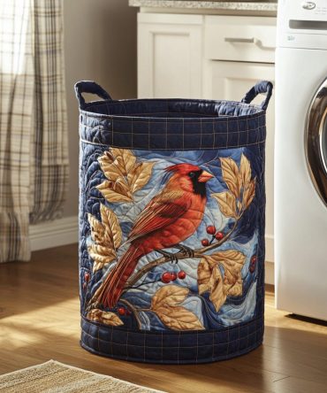 Leafy Cardinal Quilted Laundry Hamper - Botanical Red Cardinal Fabric Storage Basket With Handles, Large Foldable Quilted Organizer For Home & Seasonal Décor, Washable