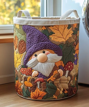 Leafy Gnome Quilted Fabric Hamper — Large Collapsible Laundry & Toy Storage Basket With Whimsical Garden Print For Home Organization