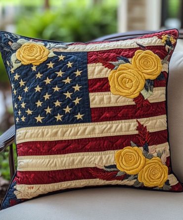 Liberty Bloom Decorative Quilted Pillow Cover — Stylish Patriotic Floral Accent For Sofas, Beds & Porch Swings