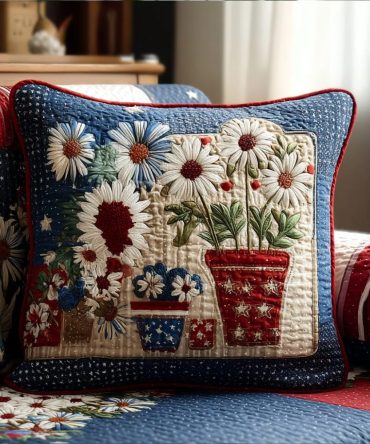 Liberty Meadow Quilted Decorative Pillow Cover: Cotton-Blend Throw Pillowcase For Bed & Sofa, Reversible, Machine Washable, Gift