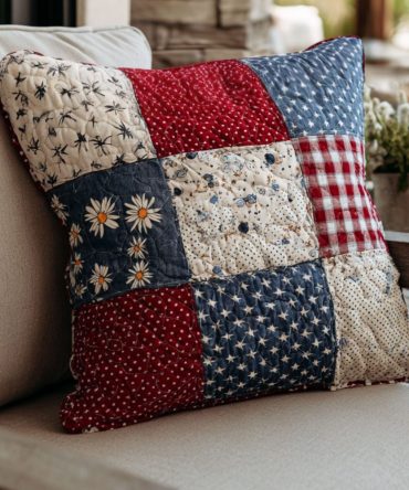 Liberty Patchwork Squares Quilted Pillow Sham - Americana Stars & Stripes Design, Soft Cotton, Decorative Throw