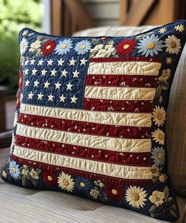 Liberty Petals Quilted Decorative Pillow Cover — Soft Floral Patriotic Accent For Cozy Sofas, Entryways & Outdoor Areas