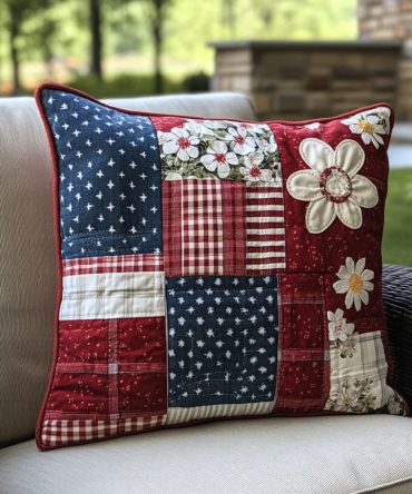 Liberty Stitch Quilted Pillow Cover — Timeless Patriotic Floral Throw Sham For Classic Farmhouse & Modern Rustic Homes