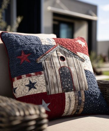 Patriotic Nest Quilted Pillow Cover - Liberty Themed Patchwork, Machine Washable Cotton Blend, Rustic Accent