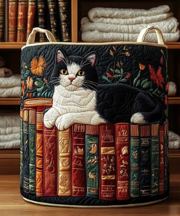 Vintage Library Cat Quilted Laundry Hamper — Cozy Bookish Cat Print Fabric Basket, Foldable, Durable Storage For Bedroom & Study